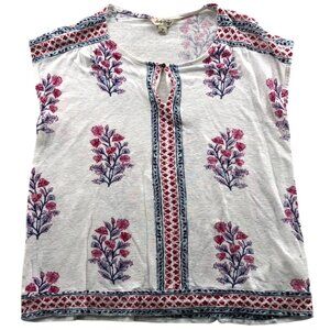 Lucky Brand Womens T-Shirt Medium Floral Boho Top Short Sleeve Keyhole Cotton